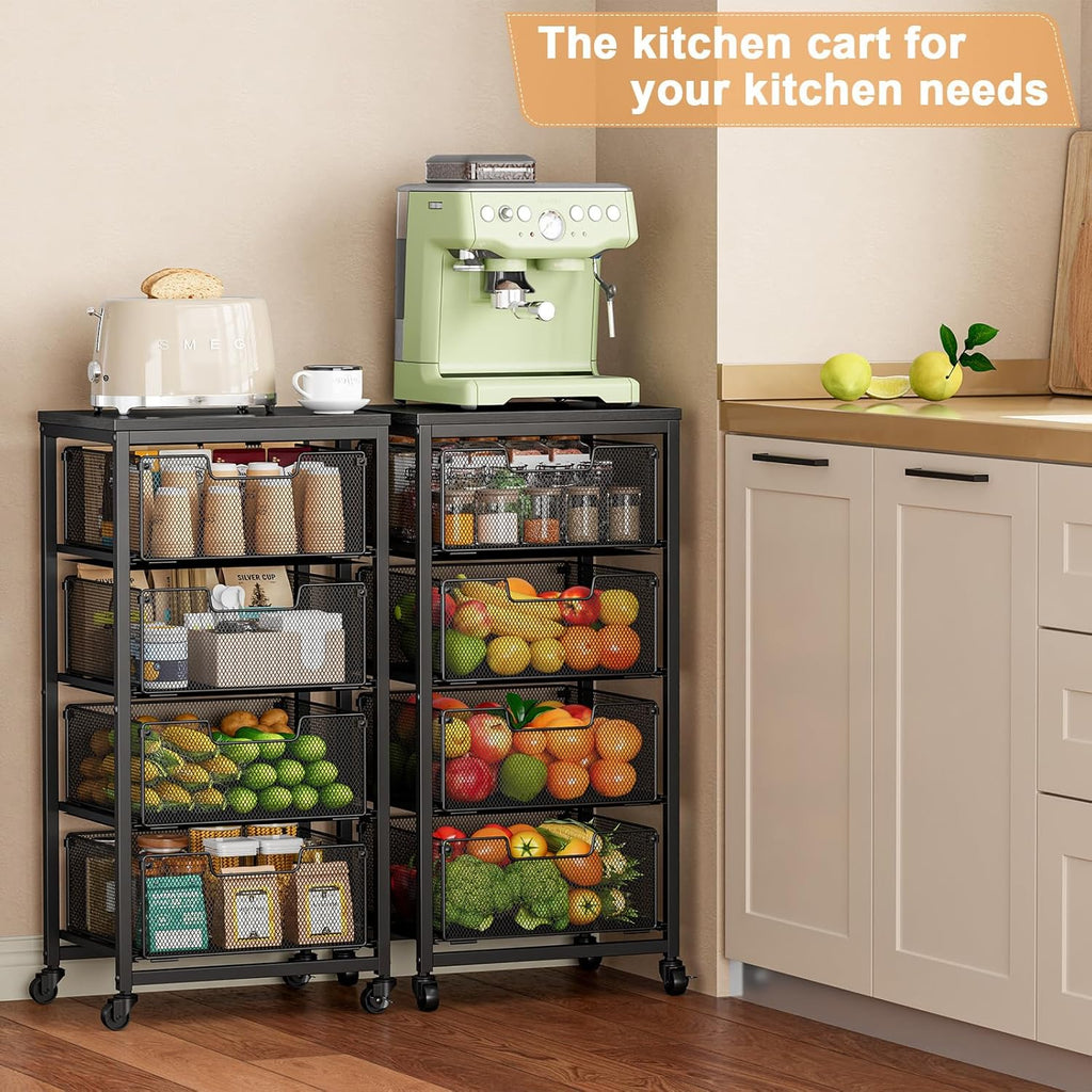 4-Tier Fruit Vegetable Storage Cart - Kitchen Organizer and Storage Cart with Wheels, Wooden Top Metal Wire Fruit Vegetable Rack Stand with Drawers to Storage Cans Snacks for Kitchen(Patent Pending)