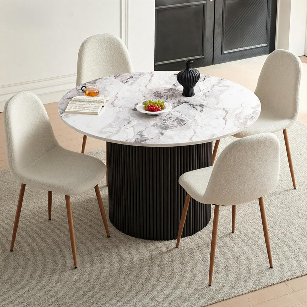 Dining Table Set for 4, Mid Century Modern 47 Inch White Marble-Look Wooden Round Dining Table Set, Space Saving (Table + 4 White Chairs)