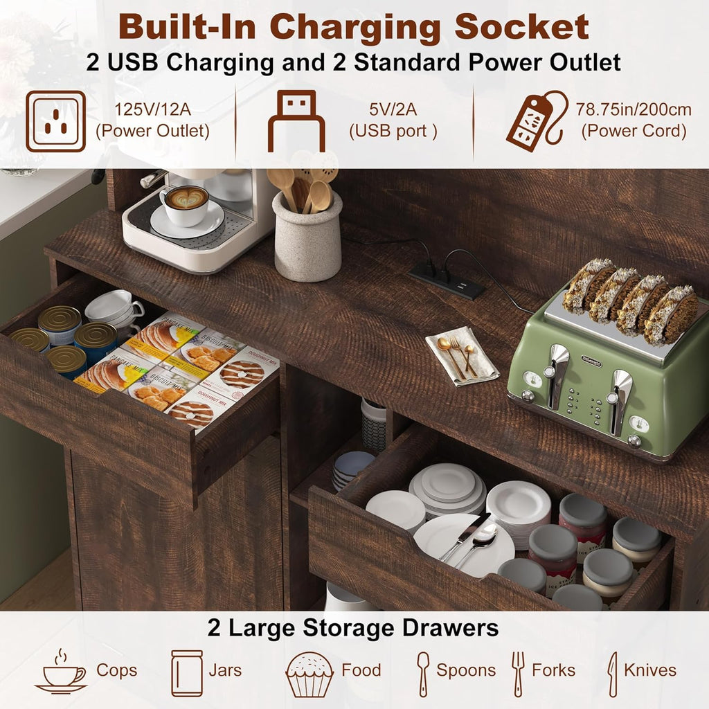 71"H Kitchen Pantry Storage Cabinet with Power Outlets and Two Drawers,10X2 Gallon Kitchen Hidden Double Tilt Out Trash Can Cabinet with Trash Bin Storage Holders,Laundry Hamper Cabinets(Brown)