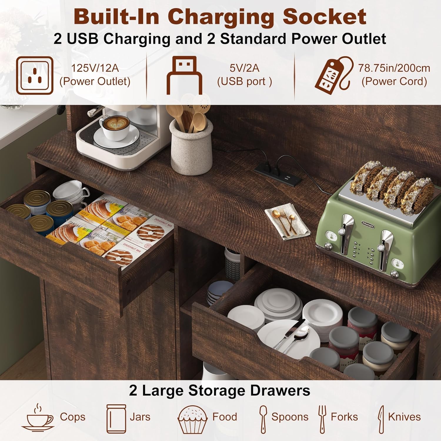 71"H Kitchen Pantry Storage Cabinet with Power Outlets and Two Drawers,10X2 Gallon Kitchen Hidden Double Tilt Out Trash Can Cabinet with Trash Bin Storage Holders,Laundry Hamper Cabinets(Brown)