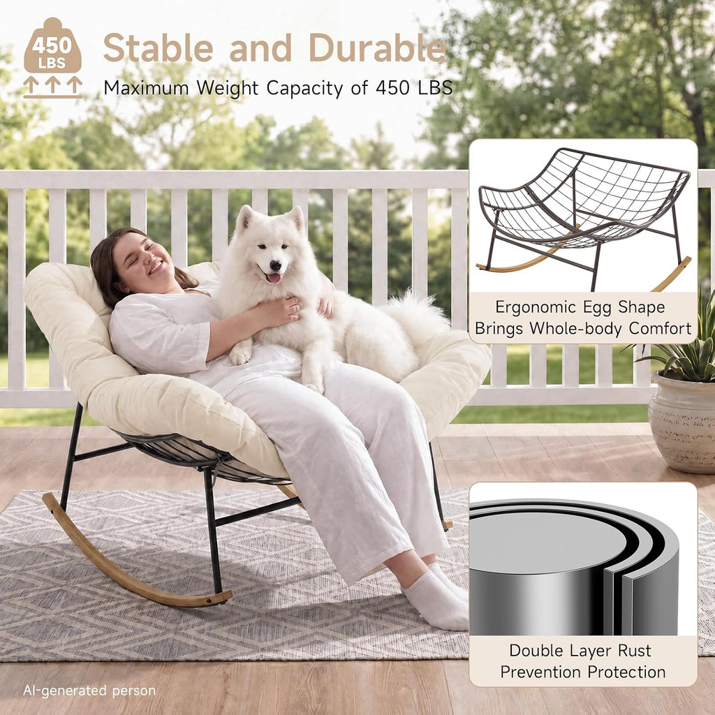 ONBRILL Outdoor Papasan Rocking Chair, Oversized Rocking Chair with Thick Cushion, 450 Lbs Heavy Duty Patio Rocking Egg Chair, Natural Wood Color Metal Rocker Chair for Balcony Porch, Cream White