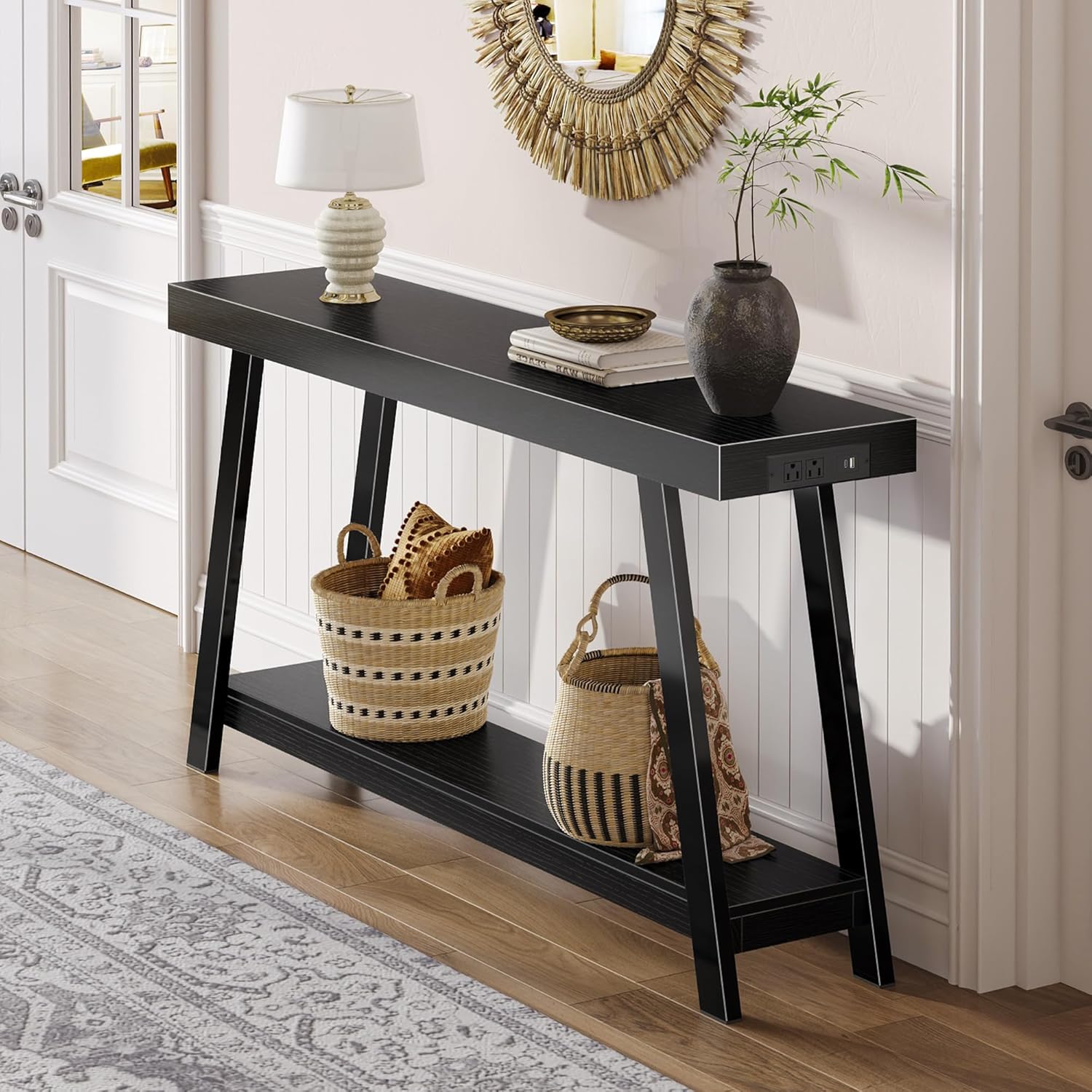 Huuger Console Table with Charging Station, USB-C Port, 2 Tiers Entryway Table, 53.9 Inch Sofa Table with Metal Legs, Entry Hallway Table with Thicker Desktop, Modern Behind Couch Table, Black