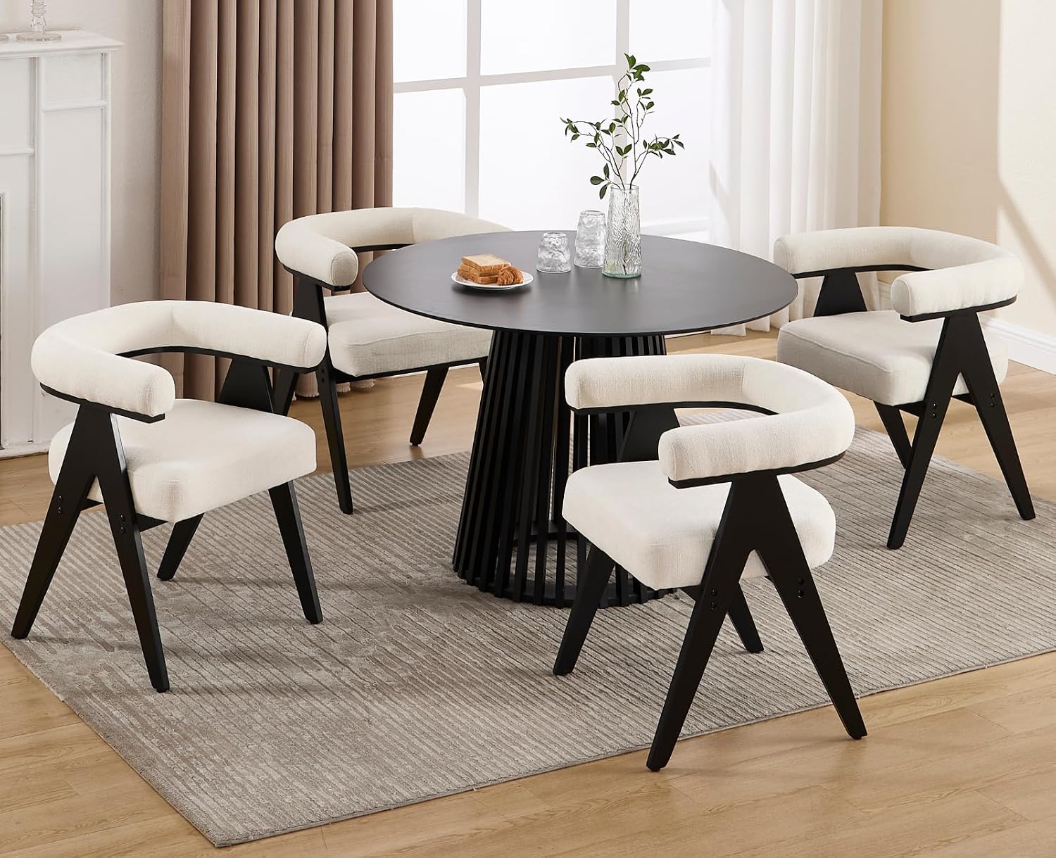 CIMOTA Set of 8 Mid-Century Modern Barrel Dining Chairs with Arms, Fabric Upholstered Kitchen & Dining Room Chairs with Black Wood Legs Contemporary Armchairs Accent Side Chairs, Cream White