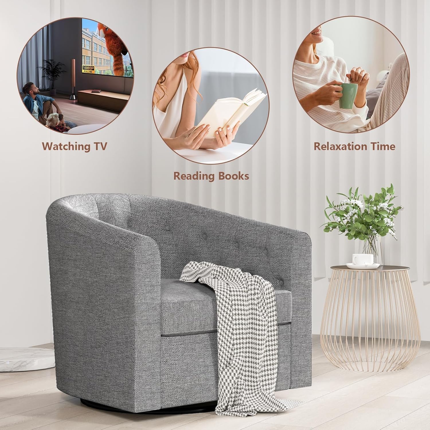 Simore Swivel Accent Chair for Living Room, Breathable Fabric Round Swivel Barrel Chair Armchair for Nursery Office Bedroom, Dark Gray