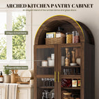 71" Tall Arched Kitchen Pantry Cabinet, Modern Farmhouse Kitchens Storage Cabinet with 2 Large Drawers & Glass Doors, Freestanding Versatile Cupboard for Living Room, Dining Room, Brown
