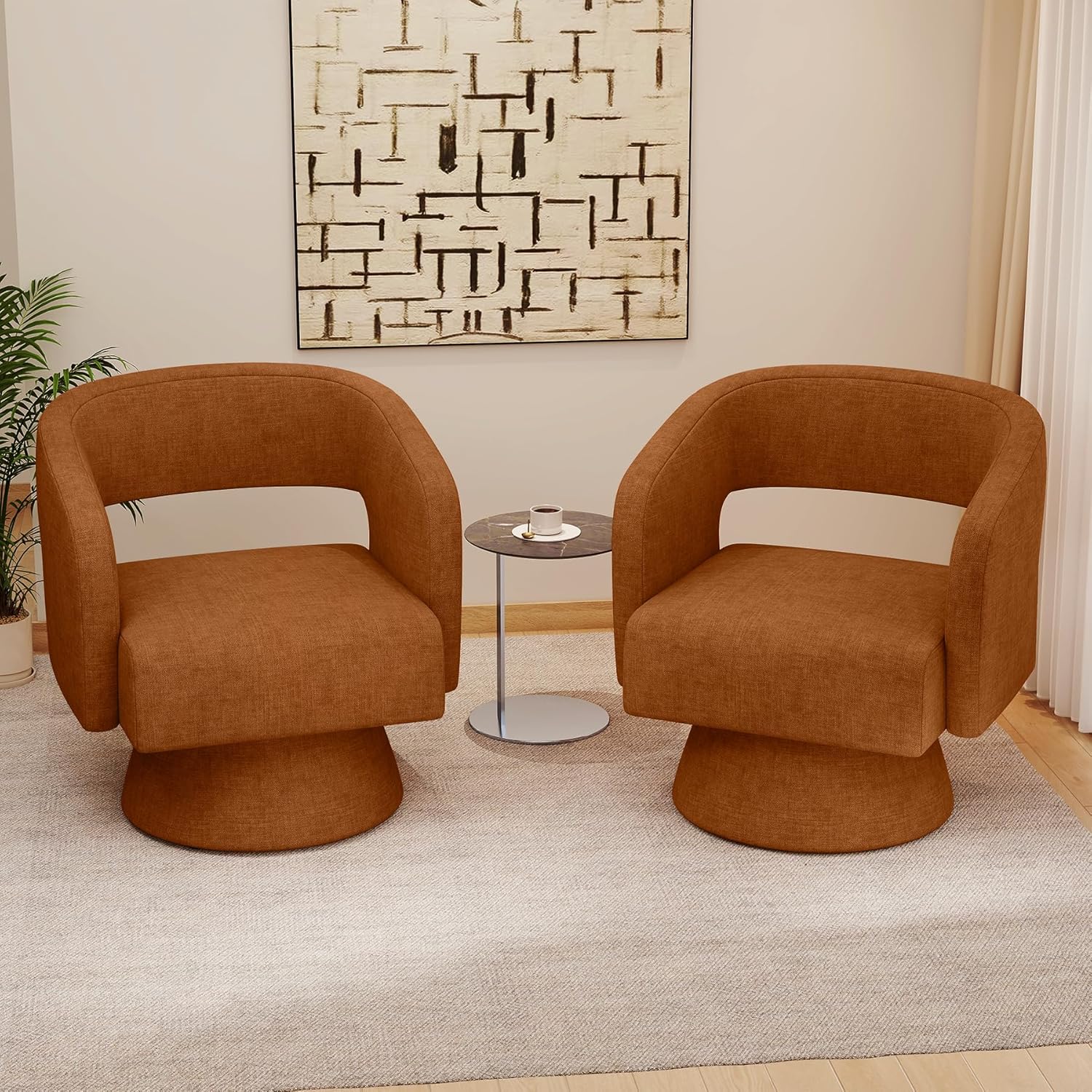 Nebuaegis Swivel Accent Chair Set of 2, Modern Comfy Chenille Barrel Chairs, Oversized Upholstered Round Arm Chair for Living Room, Bedroom, Reading Room, Caramel