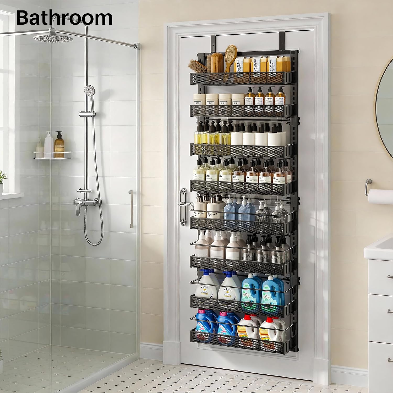 SNTD 8 Tiers Over the Door Organizer - Height Adjustable Pantry Organizers and Storage with Dense Mesh Baskets, Anti-Swing Hanging Door Spice Rack for Kitchen Bathroom (Black, 17" W x 6" D x 69" H)