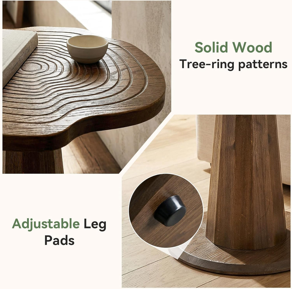 Solid Wood End Table, 20.87" Small Round Pedestal Side Table with Tree-Ring Patterns, Conical Base with Line Design for Living Room, Bedroom and Small Spaces