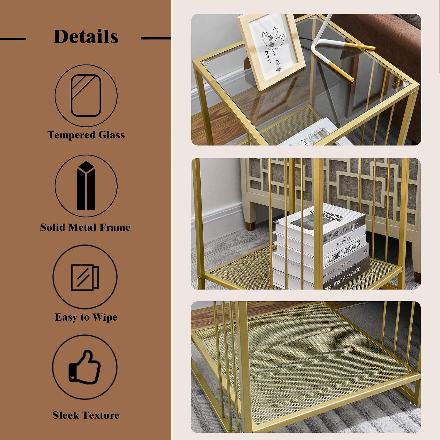 18 Inch Square Tempered Glass Gold End Table with 2-Tier Storage Shelf, Modern Gold Metal Frame Sofa Side Table Clear Glass Accent Table for Living Room Bedroom Small Spaces