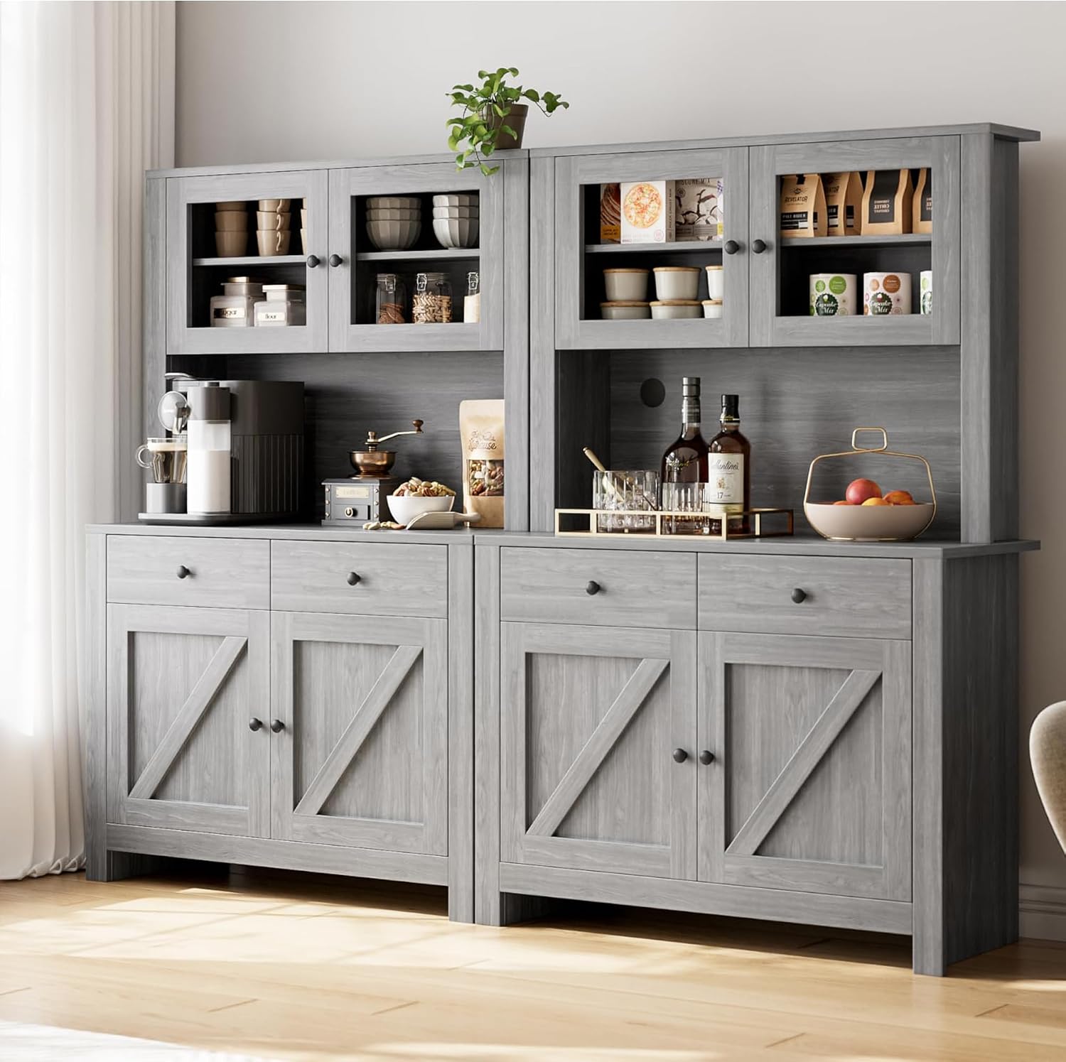 IDEALHOUSE 63" Kitchen Pantry Cabinet with Drawers, Hutch Cabinet with Storage, Microwave Stand, Adjustable Shelves, Freestanding Tall Pantry Storage for Dining Room, Living Room, Grey