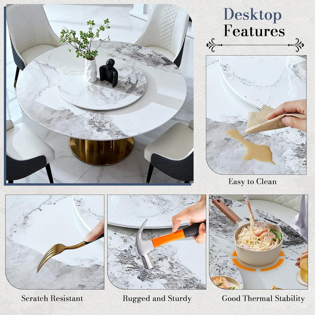 Montary 9 Piece Modern Dining Table Set of 8, Round 59" D Faux Marble Kitchen Table with Lazy Susan, Sintered Stone and Metal Dining Room Table with 8 Dining Chairs, for Home, Living Room