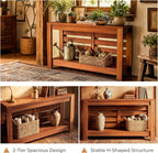 Bigbiglife 63 Inch Grille Console Table, Rustic Farmhouse Wood Sofa Table with 2-Tier Storage Shelf, Narrow Entryway Table with Anti-Tip Design, Accent Table for Living Room, Hallway, Foyer, Brown