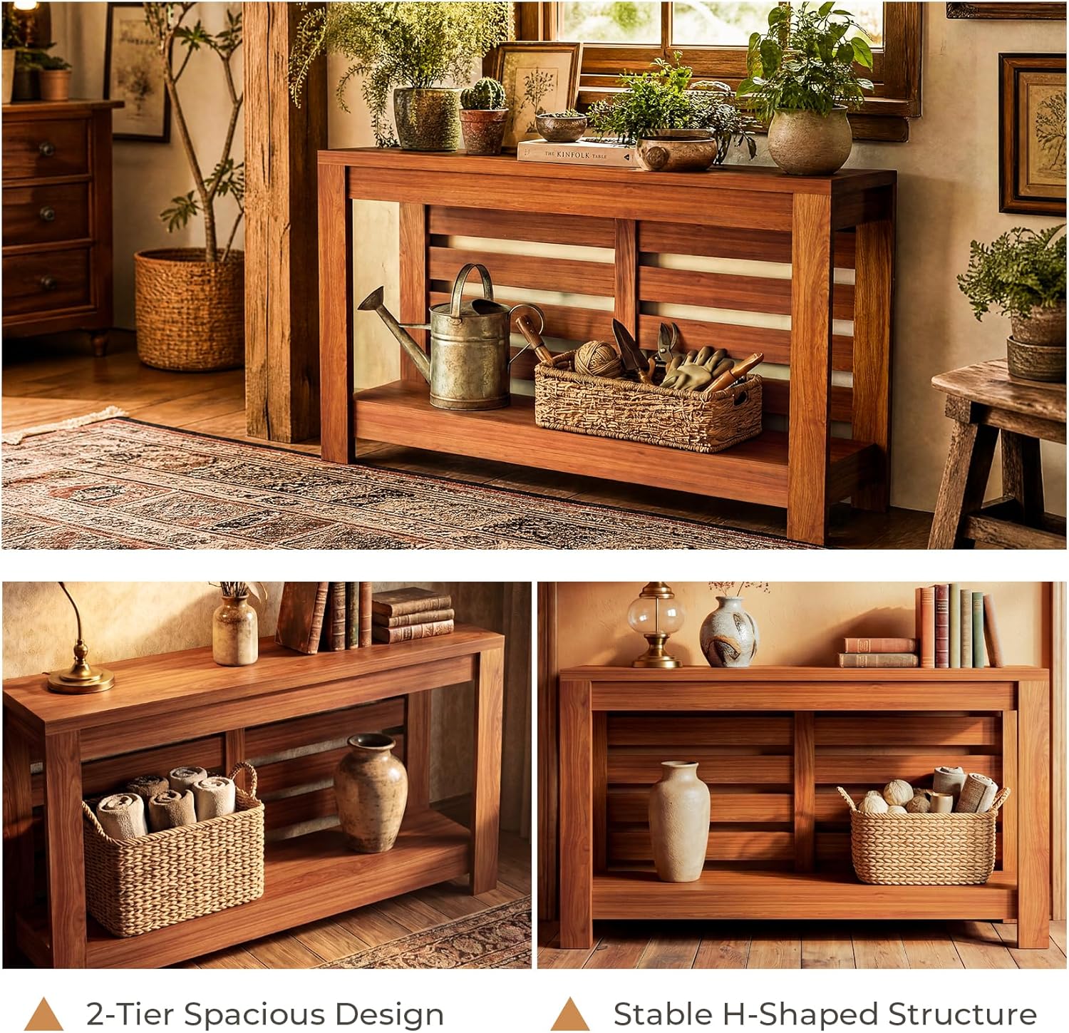 Bigbiglife 63 Inch Grille Console Table, Rustic Farmhouse Wood Sofa Table with 2-Tier Storage Shelf, Narrow Entryway Table with Anti-Tip Design, Accent Table for Living Room, Hallway, Foyer, Brown