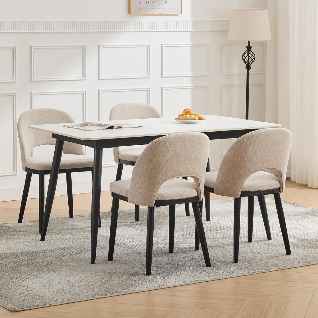 Wooden Dining Chairs Set of 4, Upholstered Kitchen Dining Room Chair, Modern Linen Fabric hollowed out Dinner Chair with Leveling Feet/hollowed out Backrest Support for Dining Room, Living Room,Beige