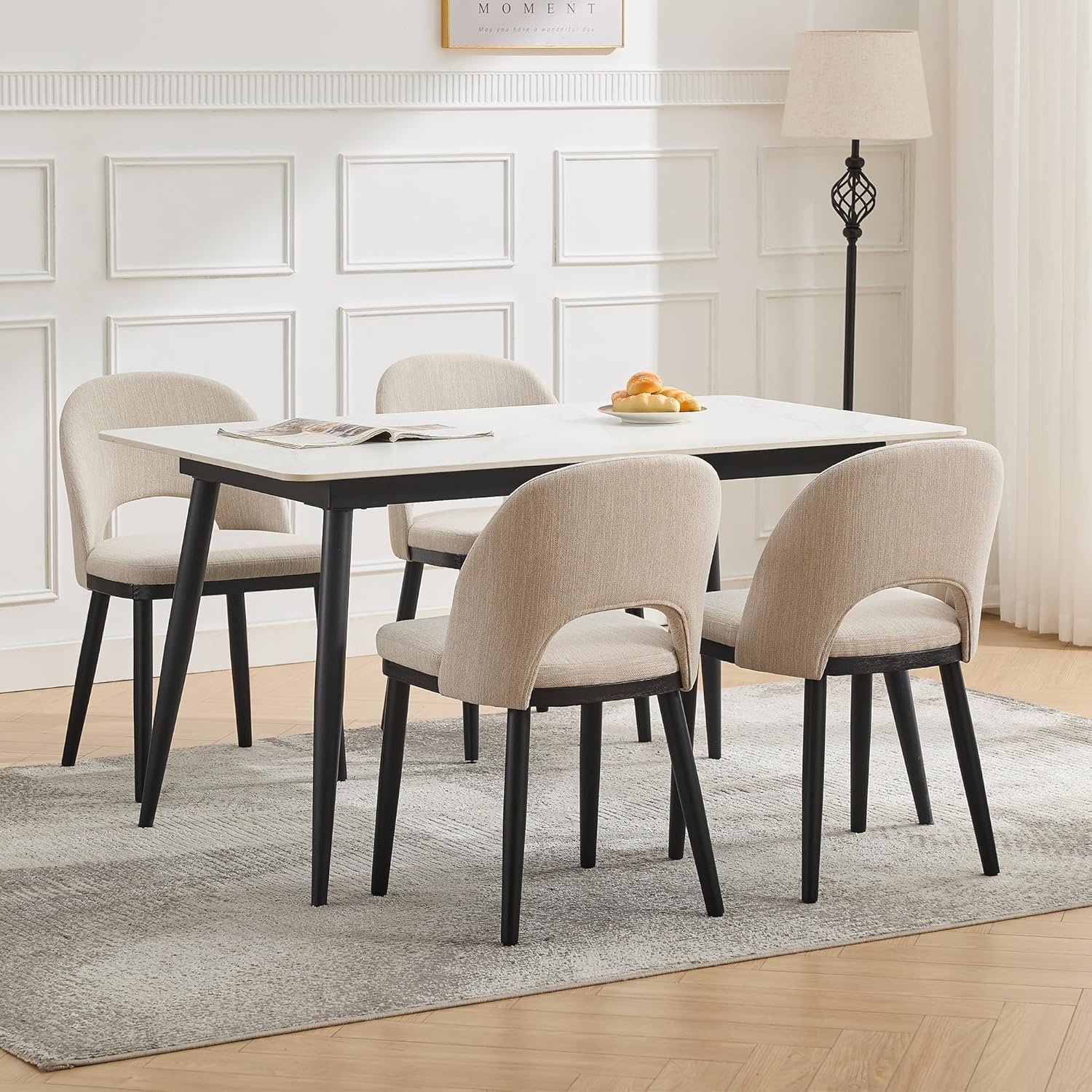 Wooden Dining Chairs Set of 4, Upholstered Kitchen Dining Room Chair, Modern Linen Fabric hollowed out Dinner Chair with Leveling Feet/hollowed out Backrest Support for Dining Room, Living Room,Beige