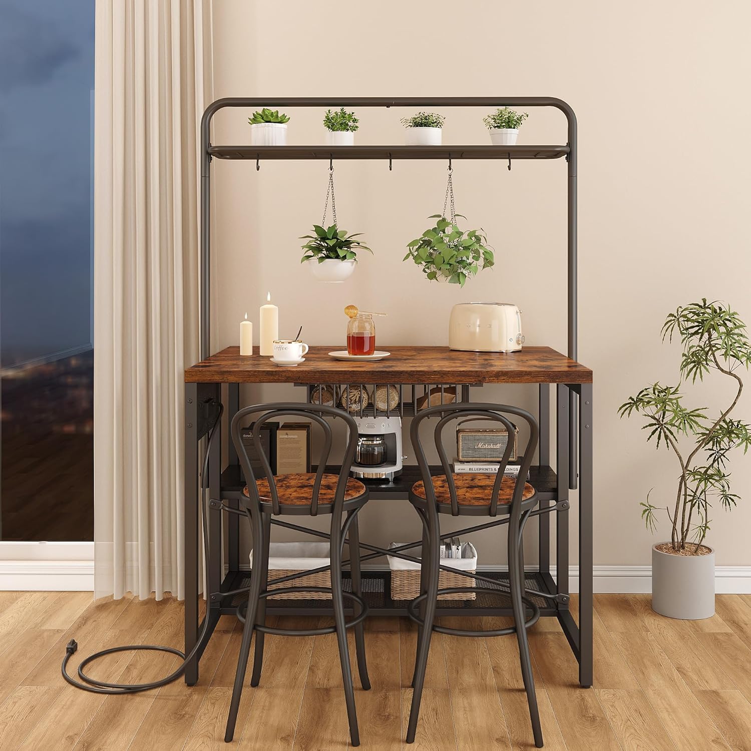Jocoevol Kitchen Island with Storage, Bakers Rack with Storage & 3-Tier Shelves, Microwave Stand Coffee Bar Table with Hooks, Industrial Kitchen Island Table for Dining Living Room,Vintage