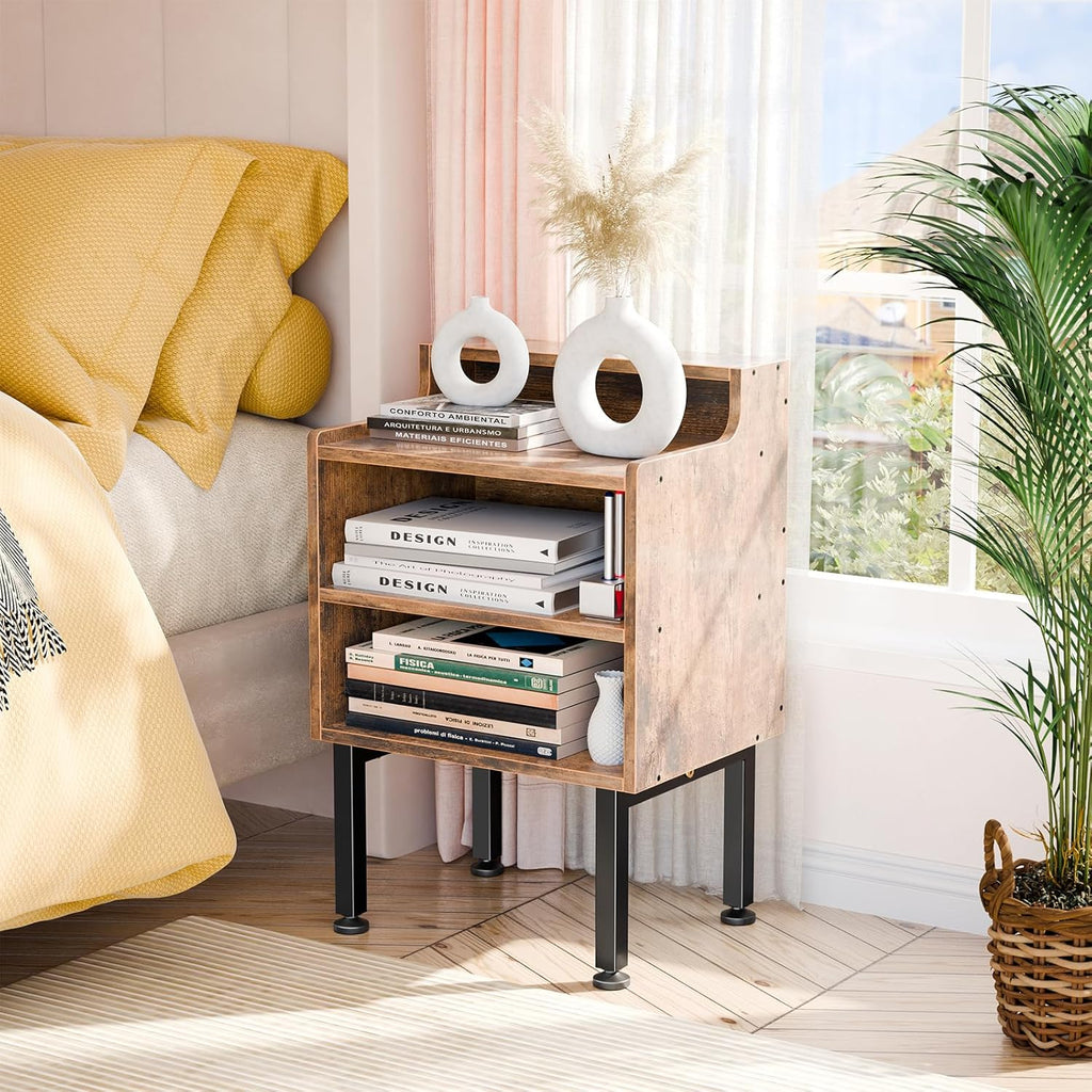 Simple Trending Night Stand, Wood End Table Nightstands, Modern Bedside Table with Open Shelf, Side Table for Bedroom Living Room, Rustic Brown