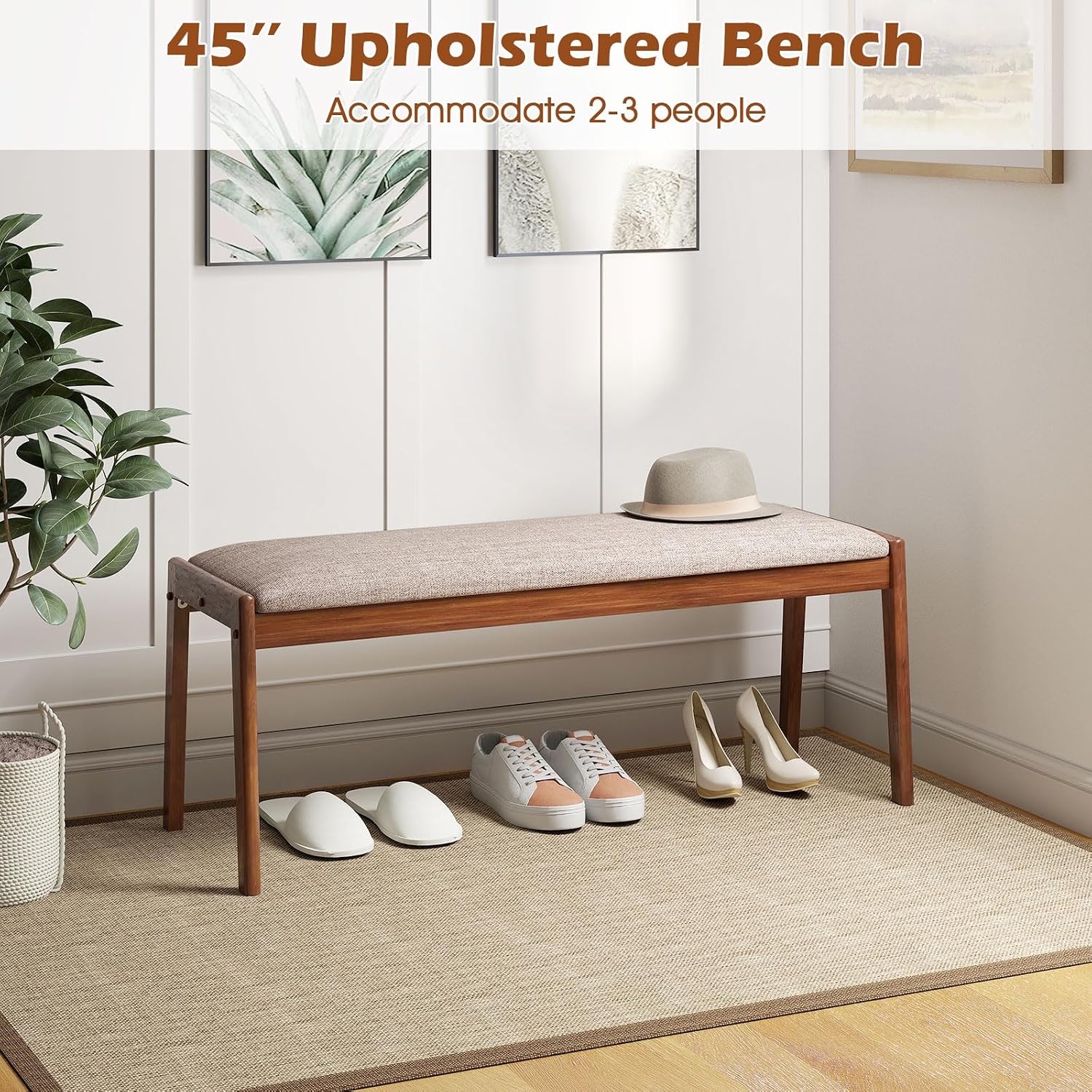 Giantex 45" Upholstered Entryway Bench with Rubber Wood Legs & Fabric Padded Seat, 400Lbs Capacity, Farmhouse Dining Bench for End of Bed, Hallway, Bedroom, Kitchen, Dining Room, Beige