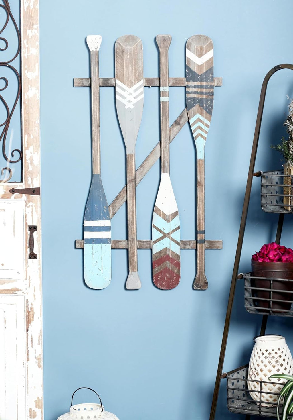 Deco 79 Wood Paddle Home Wall Decor Novelty Canoe Oar Wall Sculpture with Arrow and Stripe Patterns, Wall Art 21" x 2" x 36", Brown