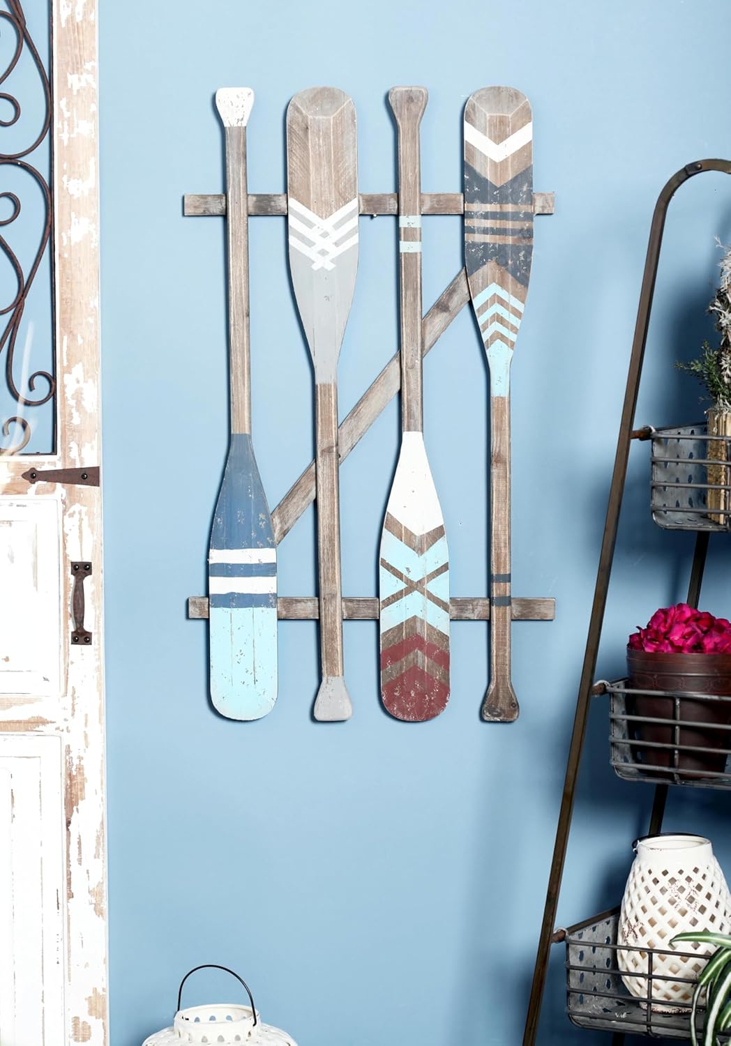 Deco 79 Wood Paddle Home Wall Decor Novelty Canoe Oar Wall Sculpture with Arrow and Stripe Patterns, Wall Art 21" x 2" x 36", Brown