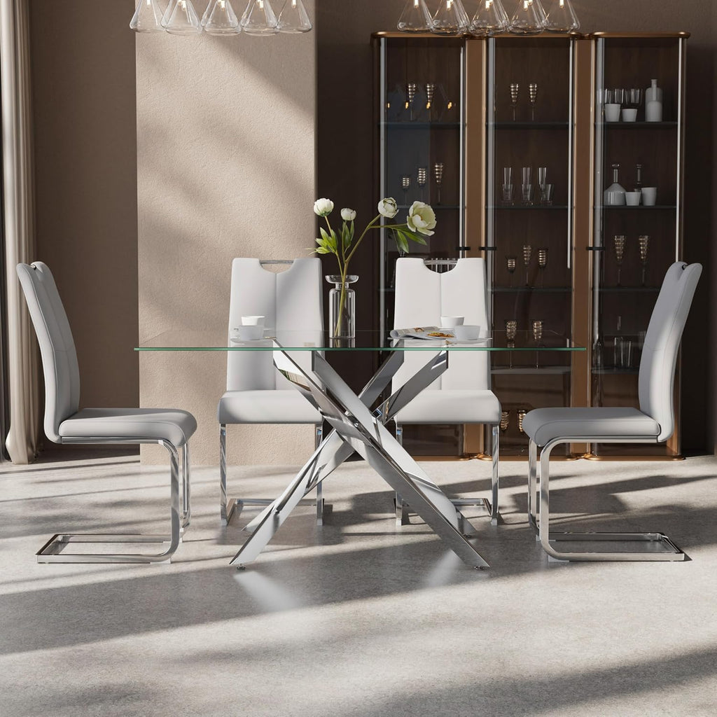 5-Piece Dining Table Set for 4, Modern Rectangular Glass Table with 4 Upholstered Leather Chairs, Space-Saving Dining Room Furniture Table & Chair Sets for Small Spaces&Apartment(Gray&Silver)