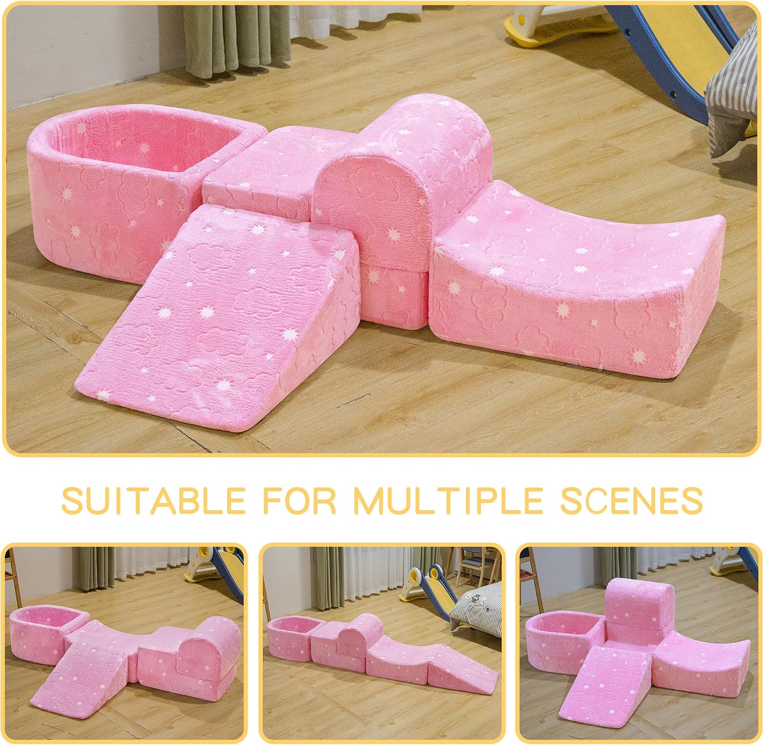 Lamerge Kids Couch, 5-in1 Modular Sectional Toddler Playing Sofa, Glow-in-The-Dark Climbing Blocks Toys, Multi-Combination, Ages 1-3, Hands-on Skills and Imagination (Pink Cloud, B)