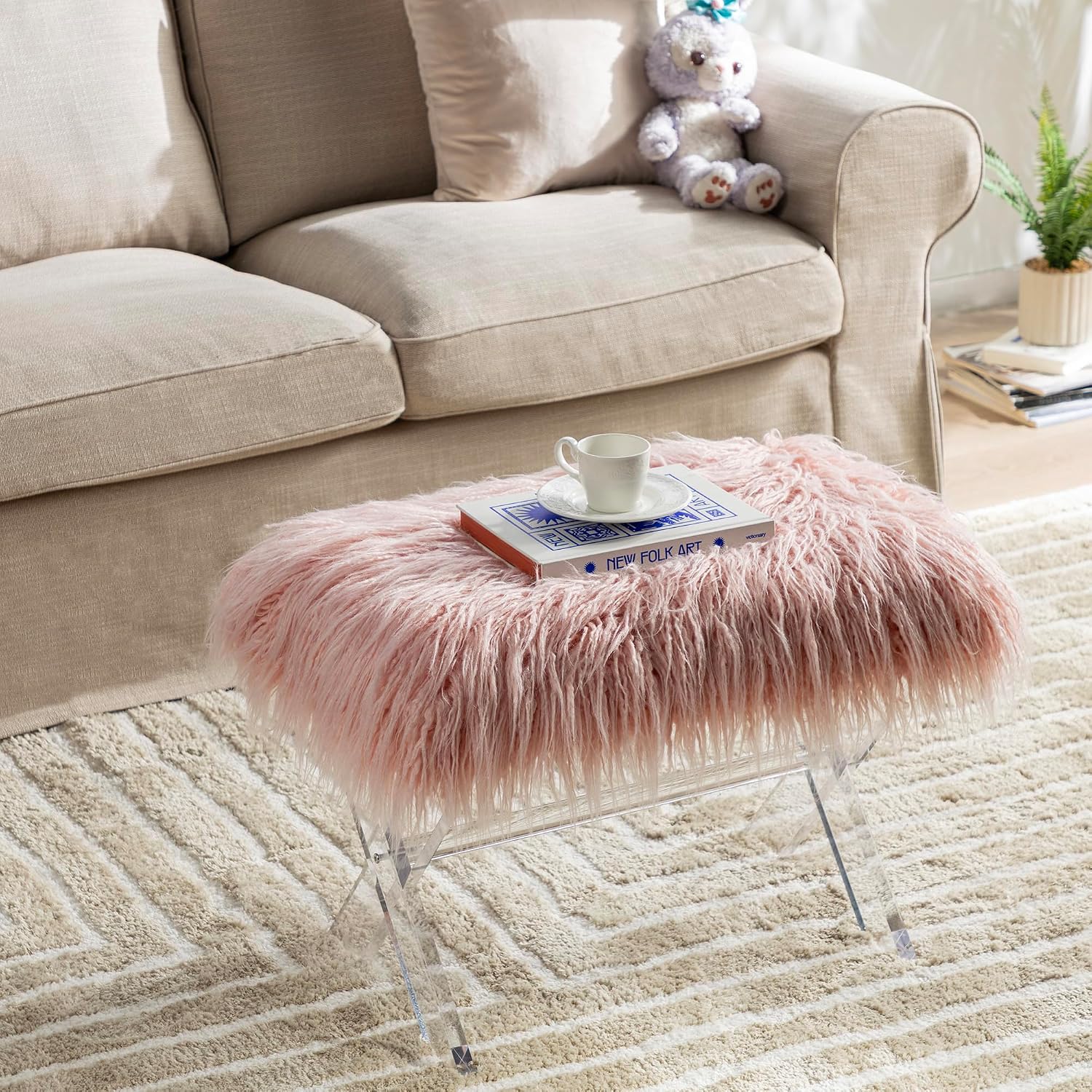 Glitzhome Ottoman Bench, Pink Faux Fur Ottoman Foot Rest, Modern Vanity Stool Chair with Acrylic Legs for Living Room Bedroom Entryway Makeup Bench End of Bed, 25.5" L