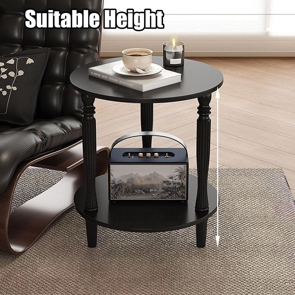 Round Side Table with Roman Column Legs, 2 Tier Sofa End Table with Storage,Accent Solid Wood End Tables,Small Circle Corner Tables for Living Room, Bedroom,50cm