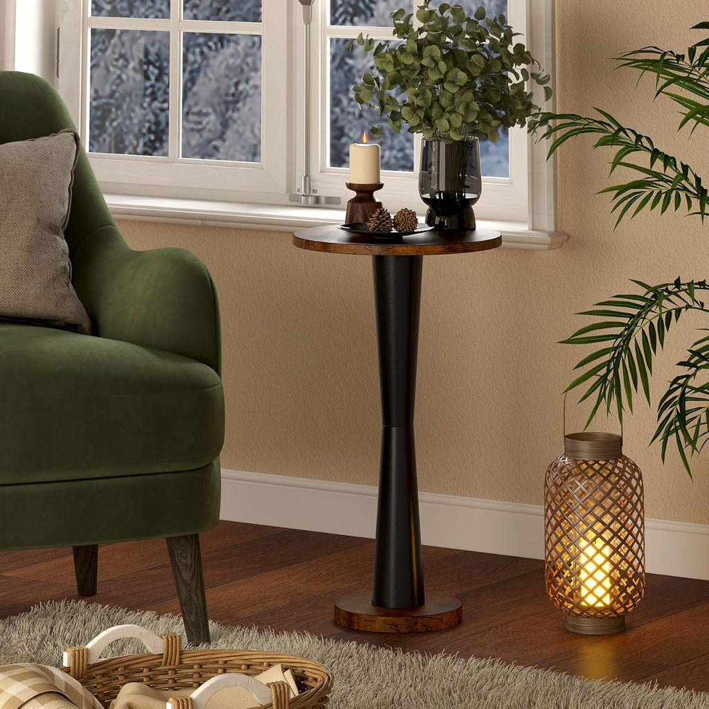 LAATOOREE Small Round Side Tables Set of 2, Wood Pedestal Drink Tables, Accent Coffee End Tables with Solid Wood Leg for Small Space, Living Room, Bedroom, Corner (2, Rustic Brown+ Black)