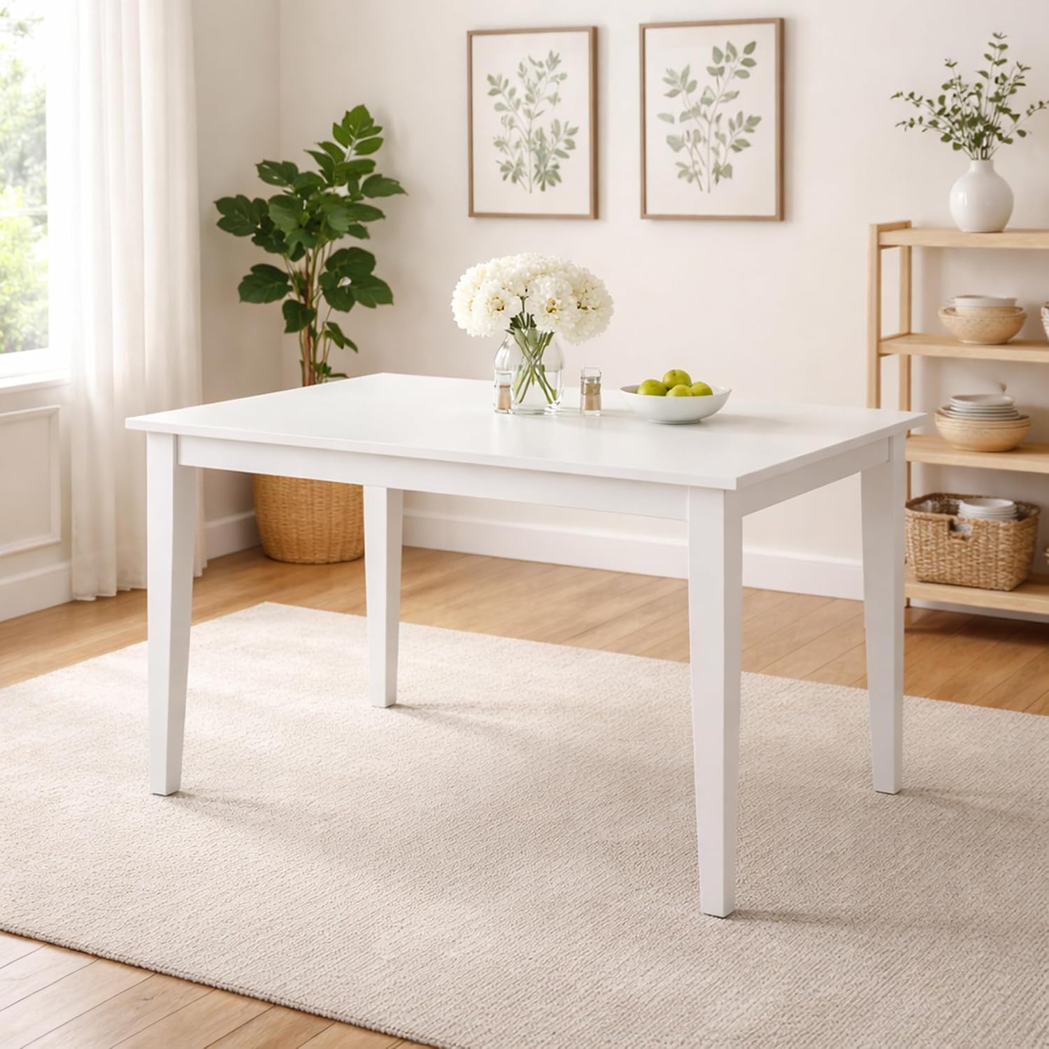 Modern 43.3 Inch Rectangular Dining Table, White Finish Solid Rubberwood