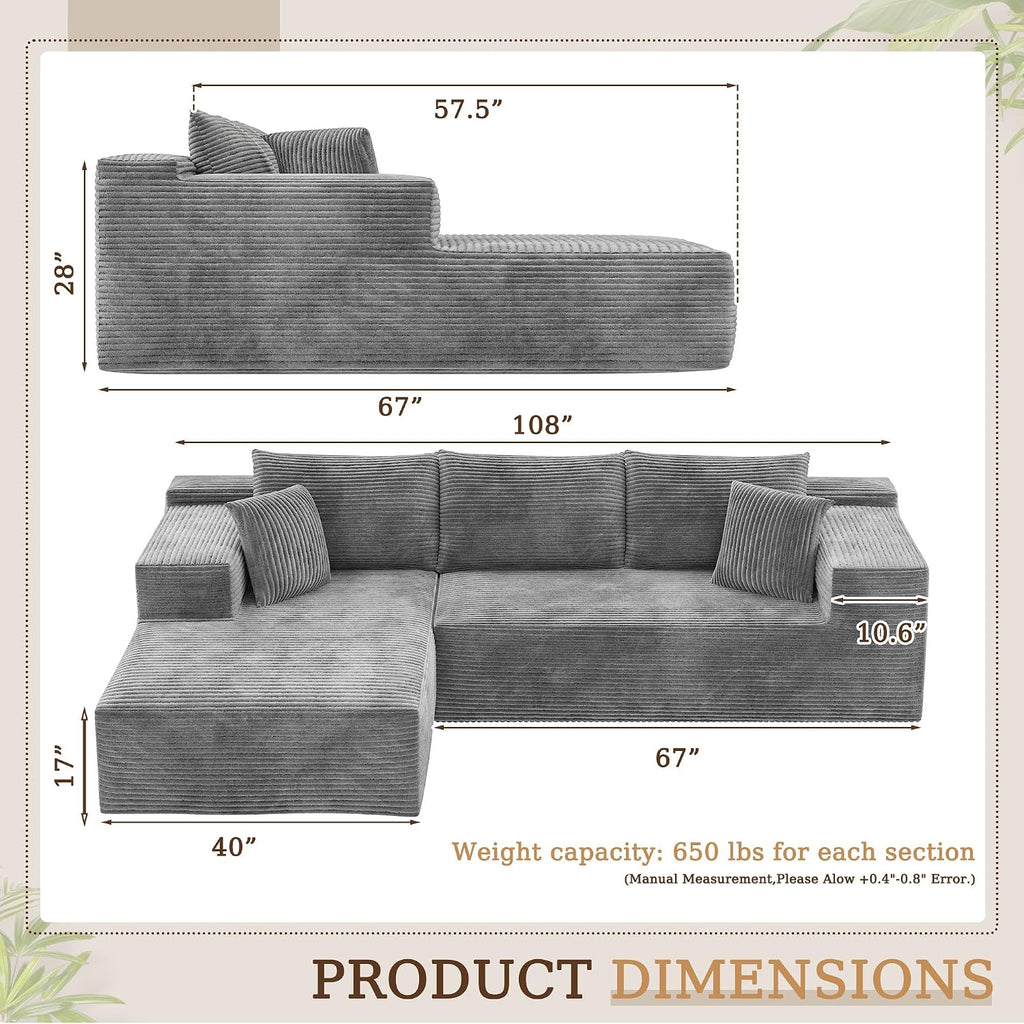 YESHOMY Boneless Couches for Living Room, 108" Sectional Modular Sectional Sofa with Deep Seat, Cloud Comfy Couch with L-Shape Chaise, Easy Assembly (Corduroy, Gray)