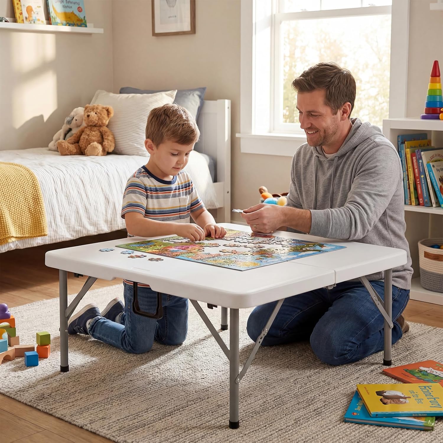 Byliable 34" Folding Square Card Table, Portable Heavy Duty HDPE Fold-in-Half Folding Table with Carrying Handle for Indoor/Outdoor Use – Ideal for Picnic, Camping, Parties, White