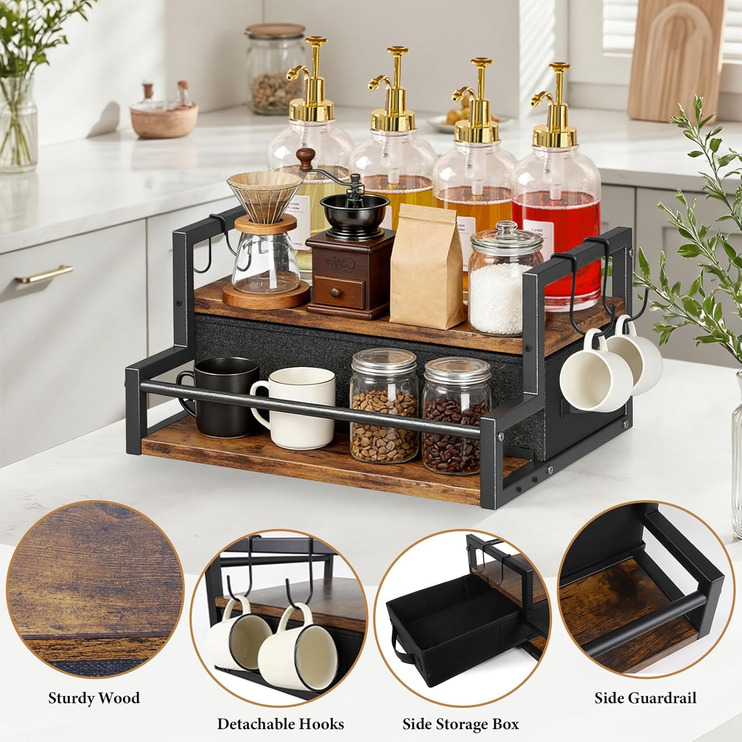 2-Tier Coffee Syrup Organizer Rack, Holds 12 Bottles Syrup Rack with Coffee Capsules Storage Drawer, Kitchen Countertop Organizer for Coffee Bar Station, Home, Wine Rack