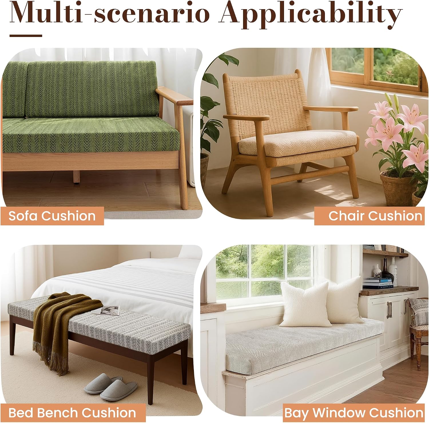 Custom Bay Window Cushions, Window Seat Cushions for Indoor Furniture, Breakfast Nook, Mudroom, Banquette Bench Cushion, Simple and Stylish Herringbone Fabric, Non-Slip & Removable, Pipe Design
