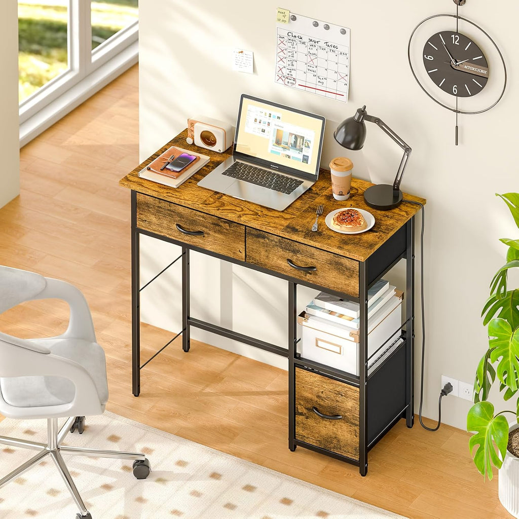 3IngSeagulls 33 Inch Small Computer Desk with Fabric Drawers, Home Office Desk with Storage Shelf, Compact Desks for Small Spaces, Teen Study Table for Bedroom, Rustic Brown