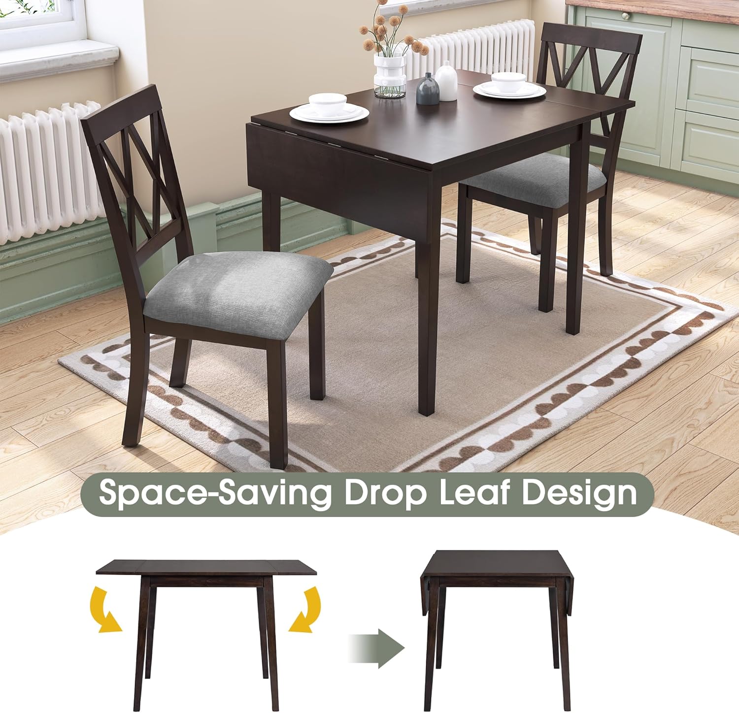 Merax Wooden 29"- 45" Extendable Rectangular Dining Table with Drop Leaf, Fits up to 4, Easy Assemble Espresso