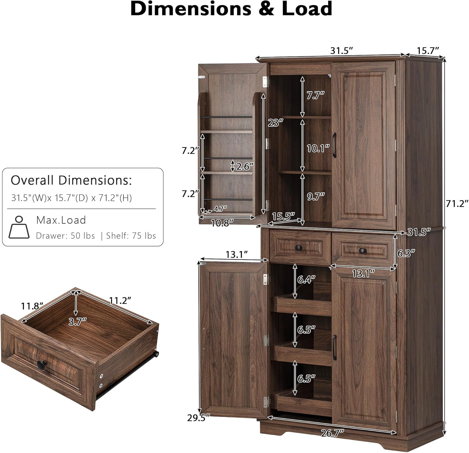 Polibi 71.2" Tall Kitchen Pantry Hutch with 3 Pull Out Cabinet Organizers,Farmhouse Embossed Texture Storage Cabinet with 6 Door Shelves,2 Drawers,Freestanding Cupboard for Kitchen, Dining Room,Brown