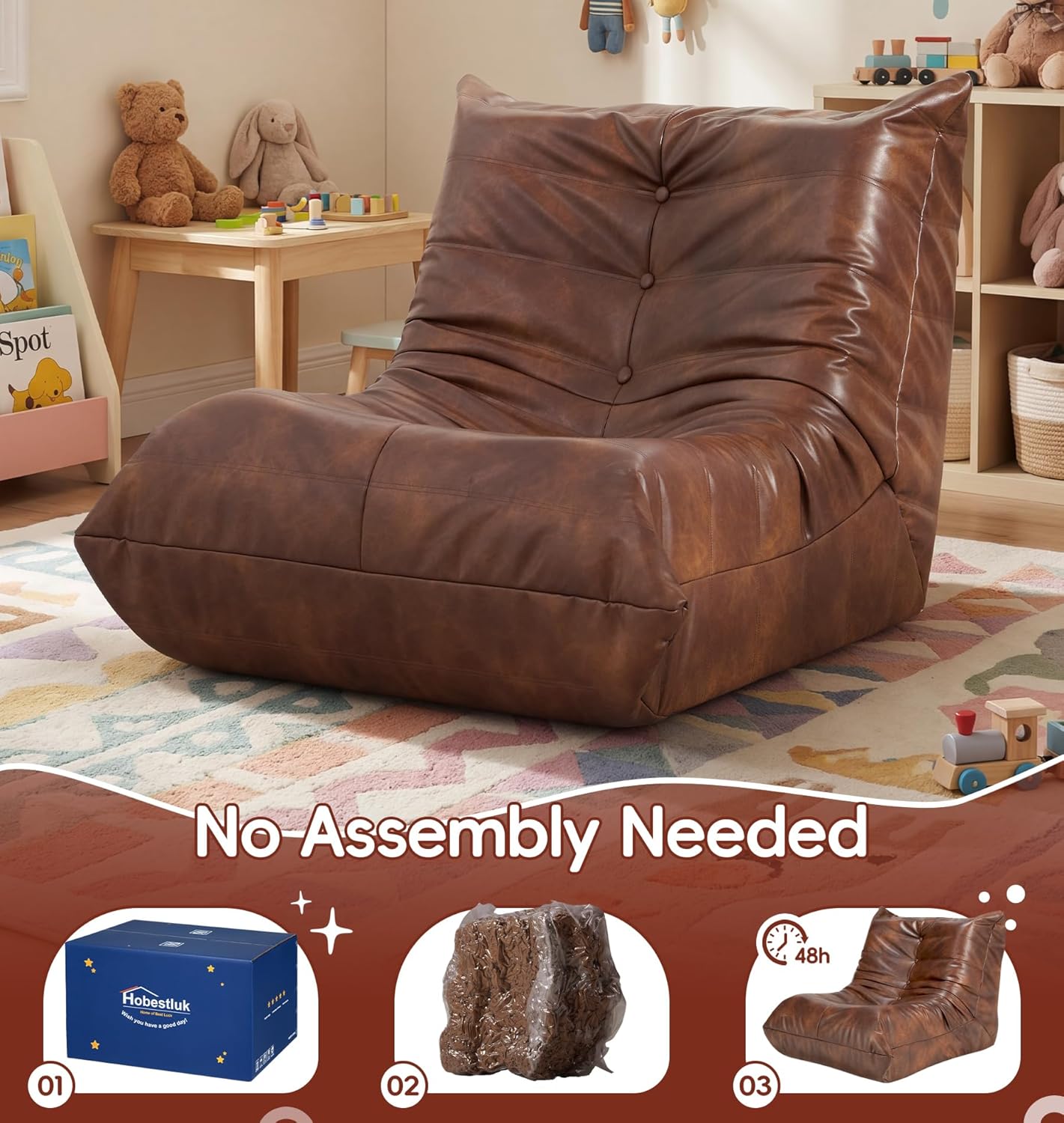 Hobestluk Bean Bag Chair for Teens Toddler Bean Bag Chair with Memory Foam Filler Leather Beanbag with Spacious Design Bean Bag Couch for Reading Gaming Relaxing (Brown, Medium)