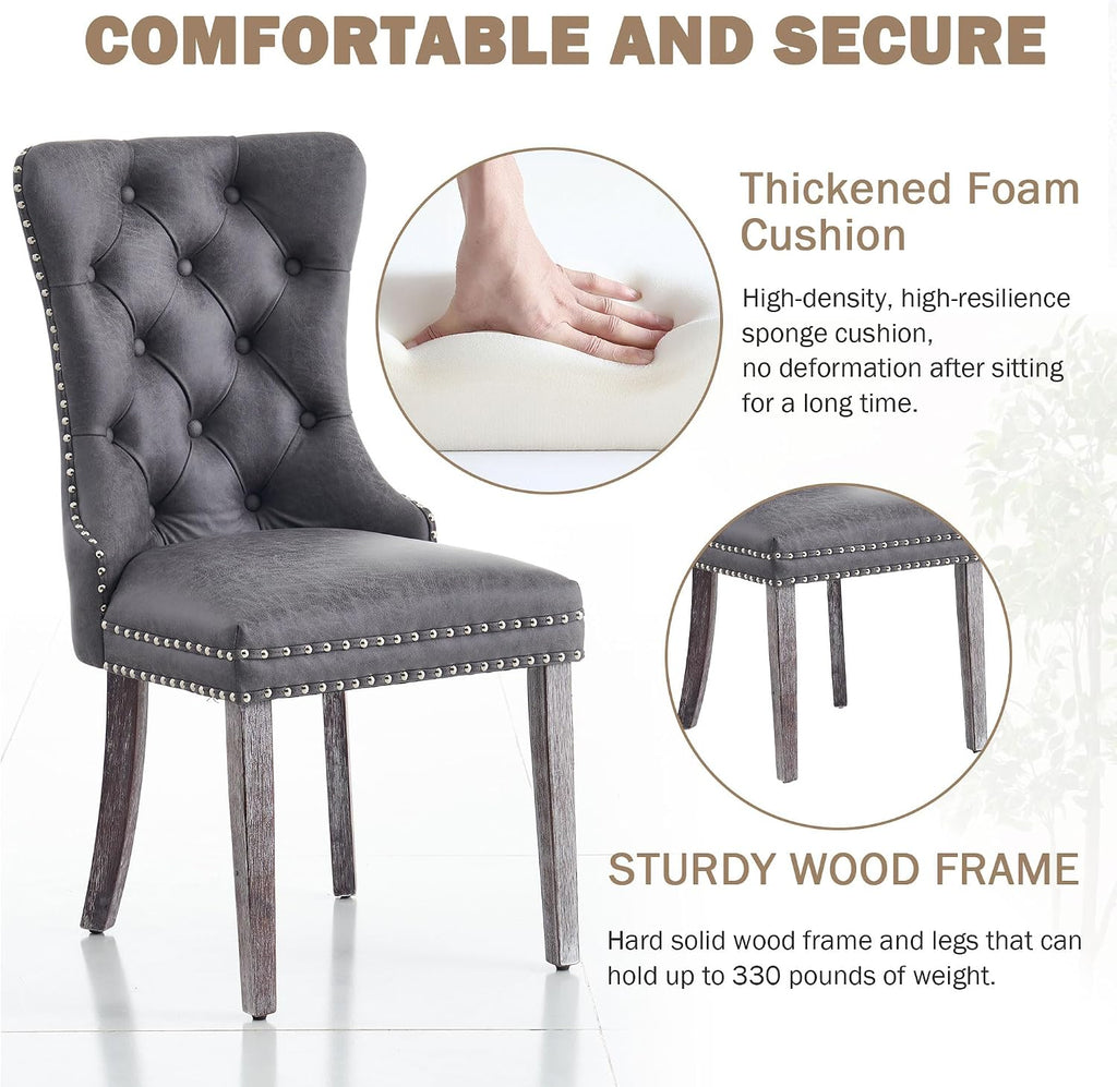Leather Dining Chairs Set of 4, Mid Century Modern Dining Chairs with Nailhead and Metal Pull Ring, Upholstered Dining Room Chairs for Living Room, Bedroom, Kitchen (Grey)
