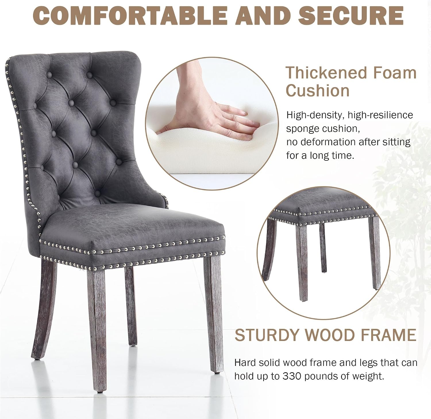 Leather Dining Chairs Set of 4, Mid Century Modern Dining Chairs with Nailhead and Metal Pull Ring, Upholstered Dining Room Chairs for Living Room, Bedroom, Kitchen (Grey)