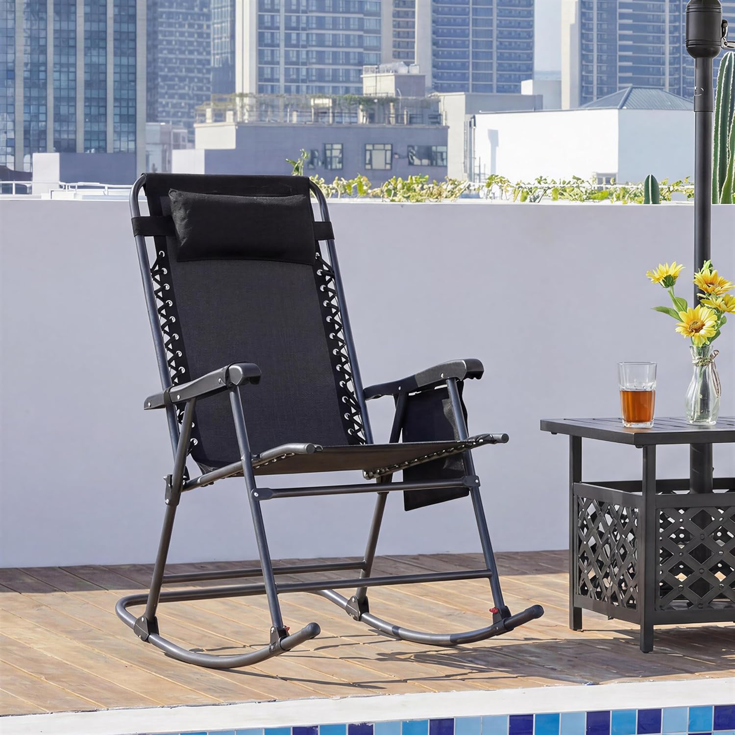 Yaheetech 26in Rocking Chair Outdoor Zero Gravity Folding Chairs Rocking Chairs Foldable Outdoor Reclining Lounge Chair for Outside Lawn with Cupholder/Pillow Ergonomic Design for Rest, Black