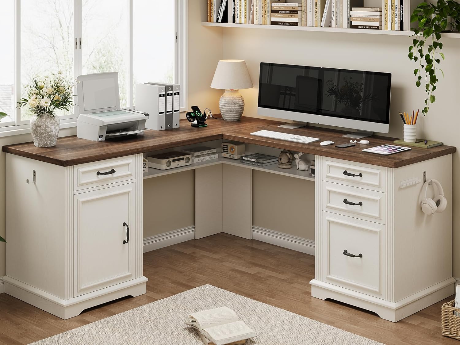 Farmhouse L Shaped Executive Desk with 4 Drawers and Charging Station, Wood Corner Home Office Computer Desk with File Cabinet Storage, Hidden Under Desk Storage Shelf, Headphone Hook - Brown+White