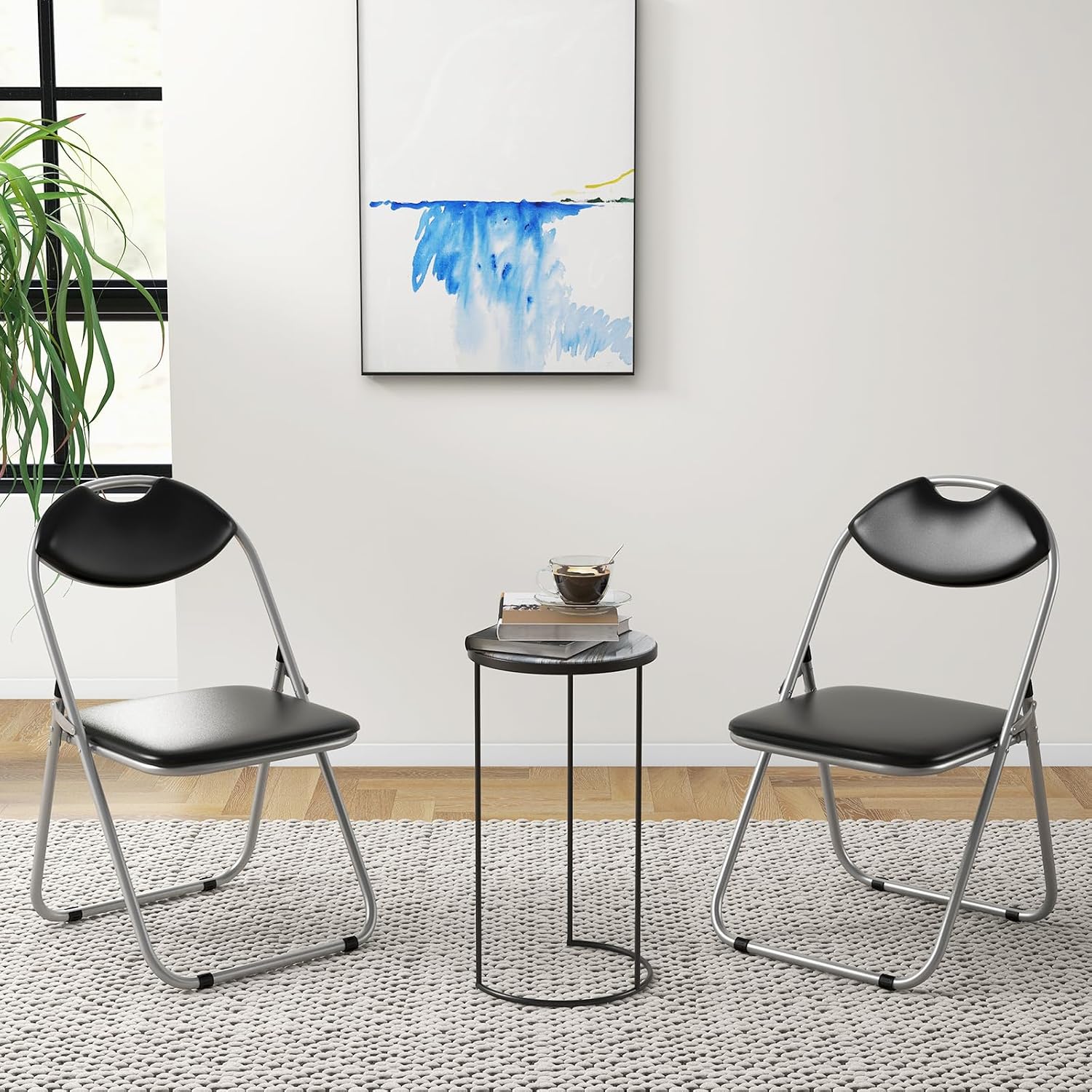 POWERSTONE Folding Chairs 2 Pack 300-Pound Capacity, Sturdy Metal Foldable Chairs, PU Leather Padded Folding Chairs Set of 2 Assembled for Meeting Room Classroom Restaurant and Patio
