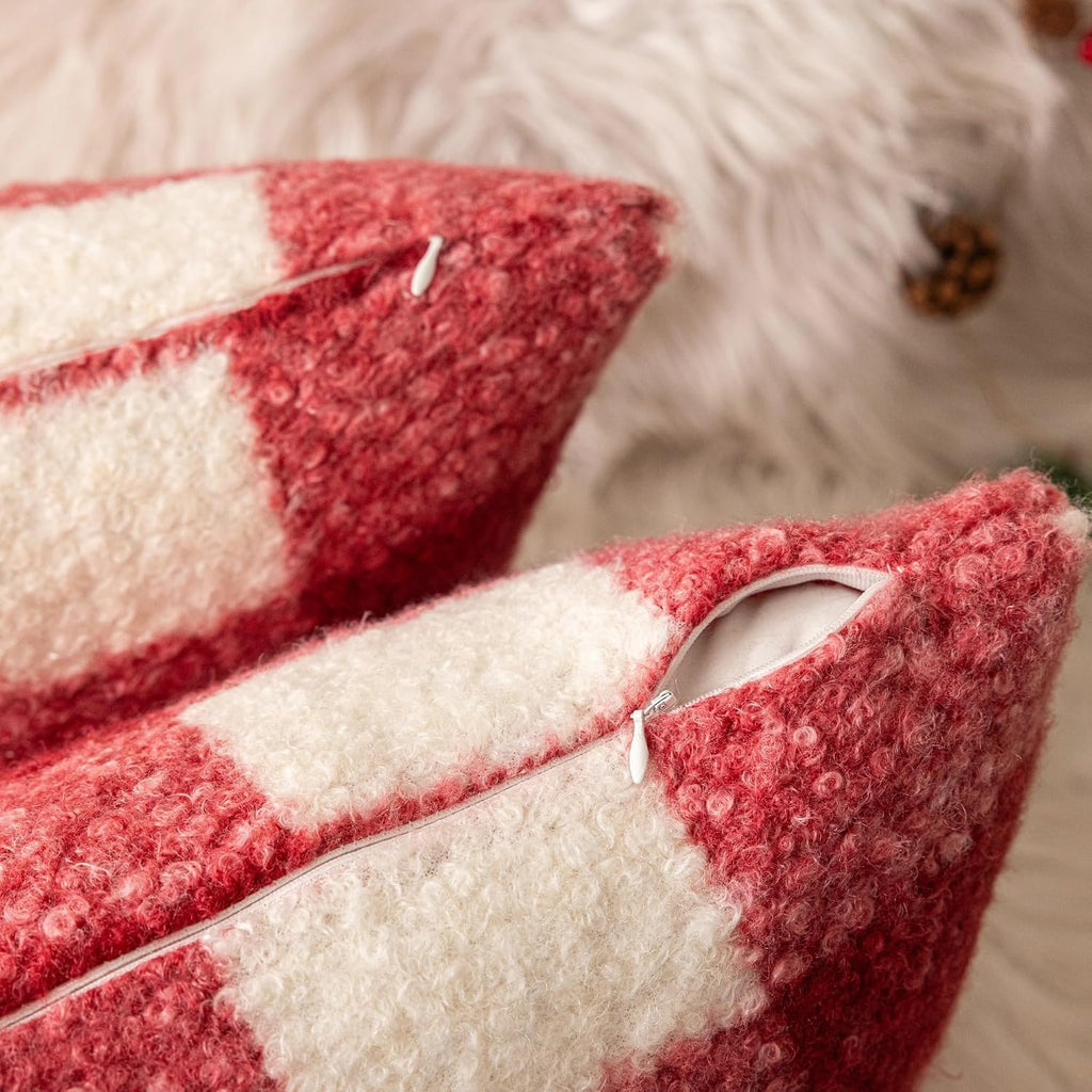 AQOTHES Red White Plaid Christmas Throw Pillow Covers 20x20 Inch Set of 2, Boucle Decorative Pillow Covers,Cozy Fluffy Home Living Room Farmhouse Decor for Sofa Couch Bed