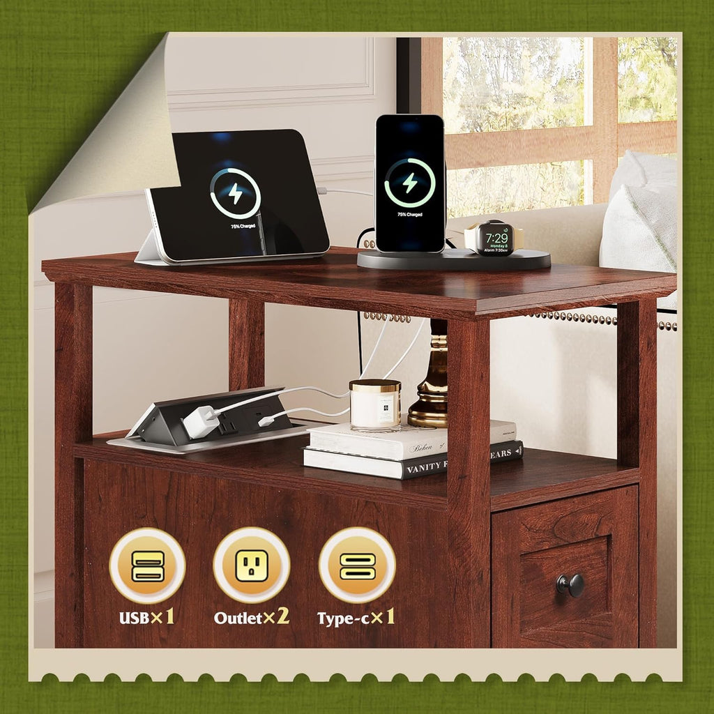WLIVE End Table with Charging Station, Narrow Side Table for Living Room, Farmhouse Nightstand with Storage, Small Wooden Cabinet with USB Ports and Outlets for Living Room and Bedroom, Cherry