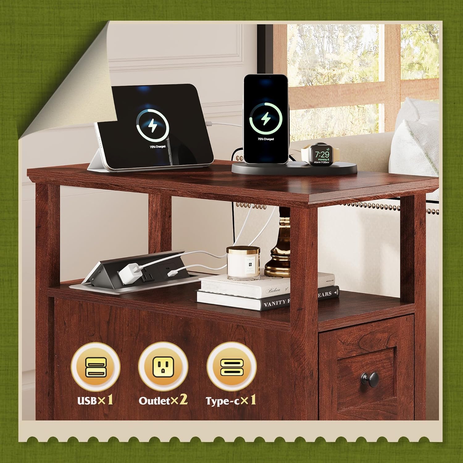 WLIVE End Table with Charging Station, Narrow Side Table for Living Room, Farmhouse Nightstand with Storage, Small Wooden Cabinet with USB Ports and Outlets for Living Room and Bedroom, Cherry