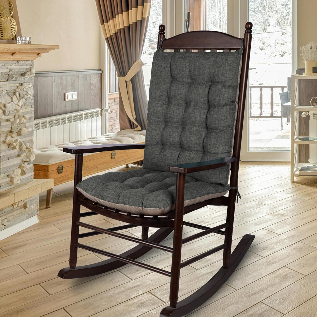 ELFJOY Extra Large Rocking Chair Cushion Non-Slip Linen Chair Pads Thick Back and Seat Cushion 2 Piece Set with Ties