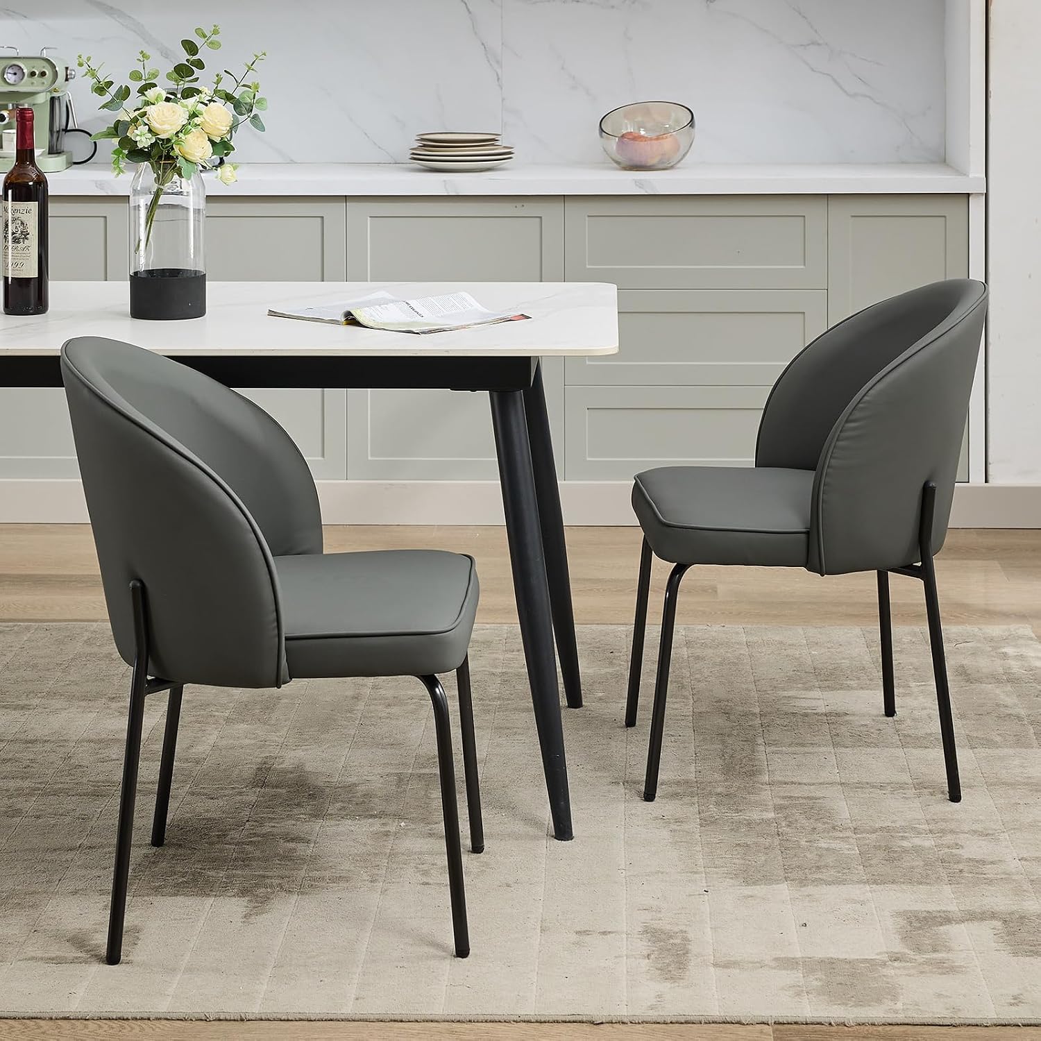 Upholstered Dining Chairs Set of 2, Modern Faux Leather Kitchen Dining Room Side Chairs with Metal Legs (Grey)