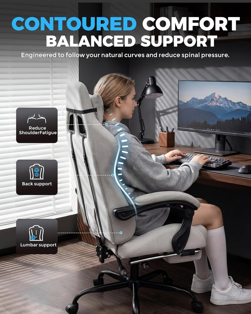 GTPLAYER Gaming Chair Fabric with Pocket Spring Cushion,Computer Office Chair with Lumbar Support for Adults Linkage Armrests and Footrest Ergonomic Gamings Chairs Height Adjustable Gray