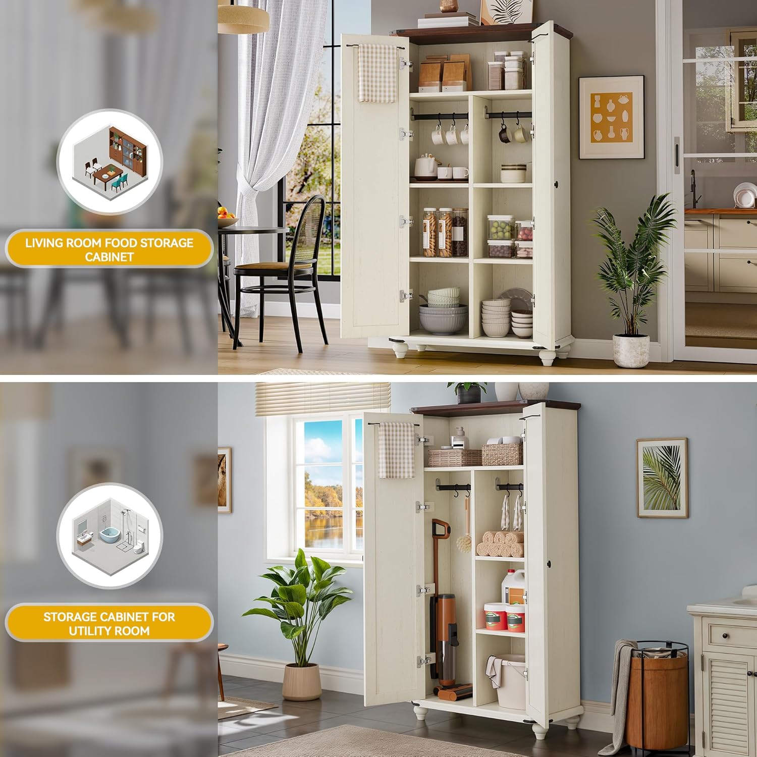 DWVO 4-Tier Storage Cabinet with 2 Shutter Doors, Farmhouse Kitchen Pantry Cabinet with Adjustable Shelves, Wooden Cabinet for Kitchen, Dining Room, Living Room, Office, Rustic White